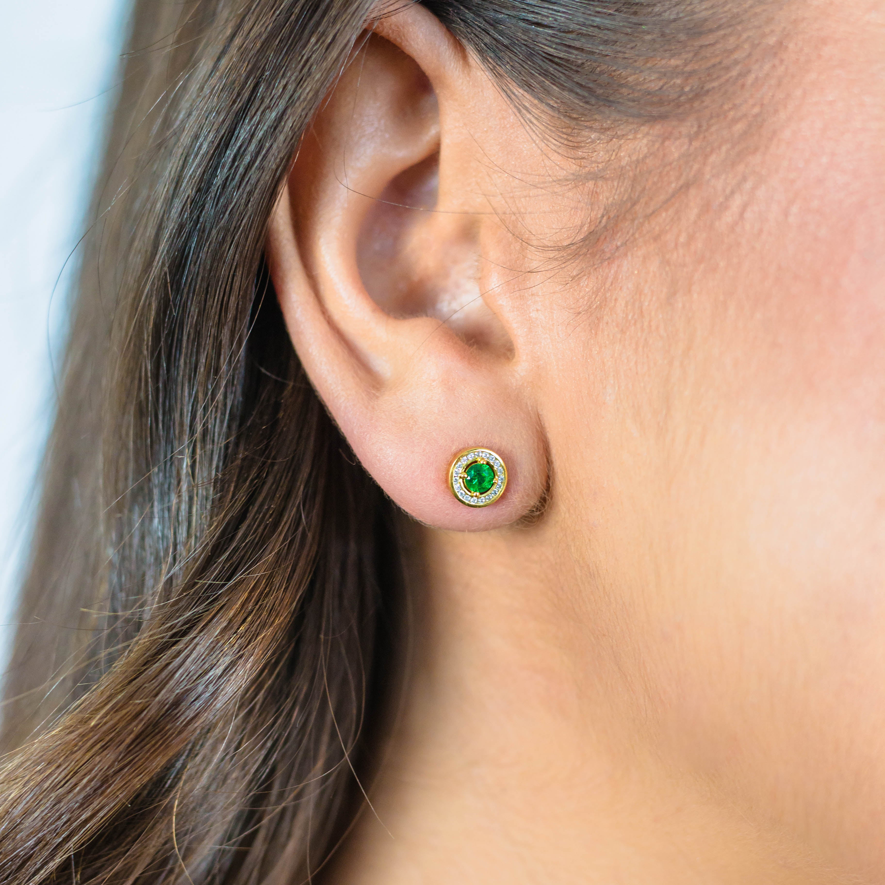 GEORGINI MILESTONE EMERALD HALO EARRINGS IN GOLD