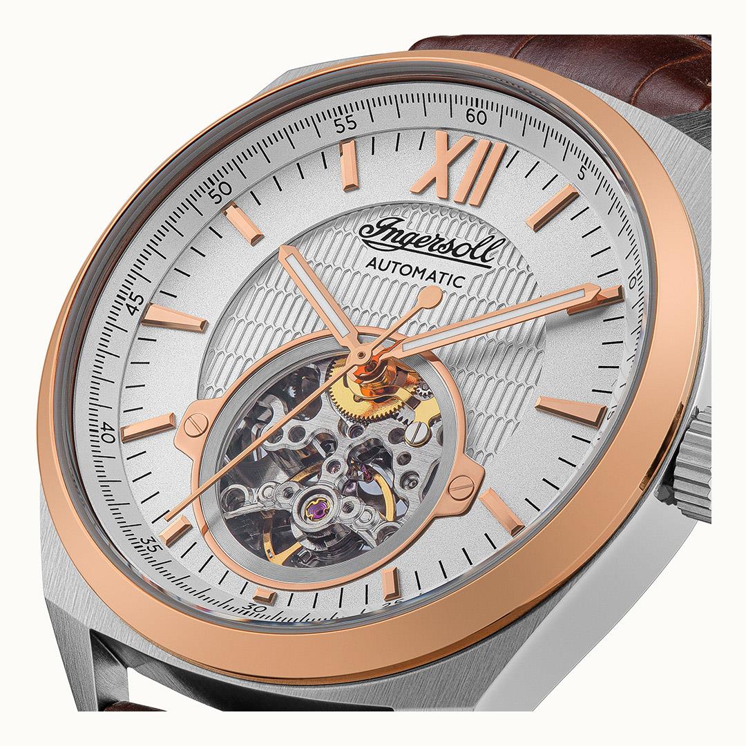 Ingersoll The Shelby Automatic Silver Rose Gold Brown Leather Watch