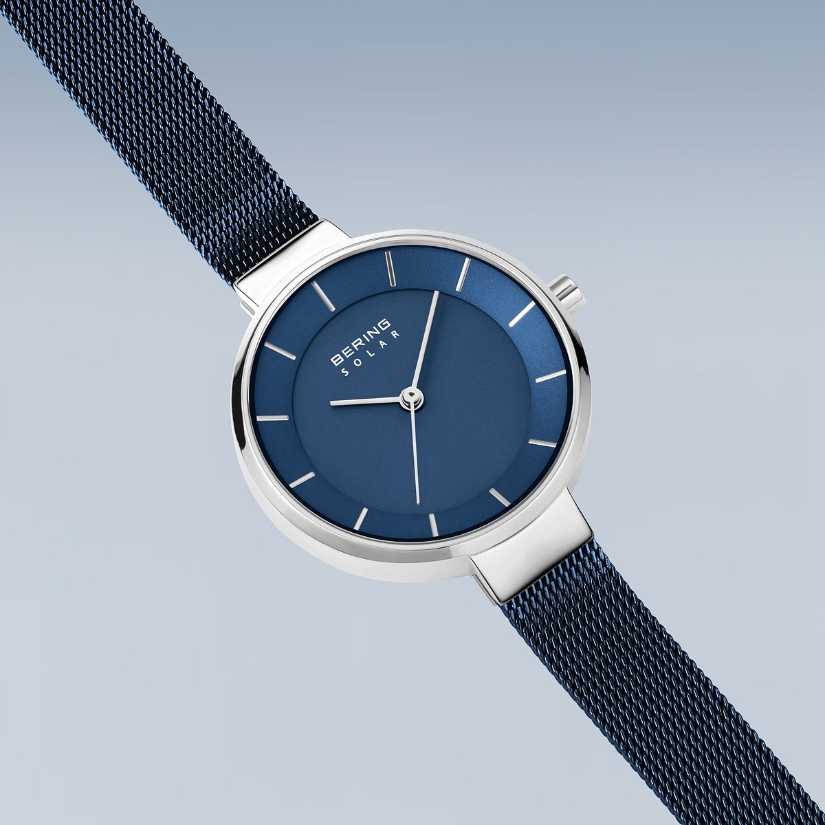 Bering Solar 31mm Silver Blue Milanese Strap Watch