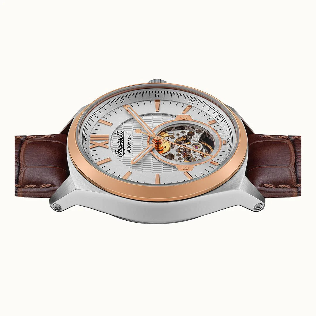 Ingersoll The Shelby Automatic Silver Rose Gold Brown Leather Watch