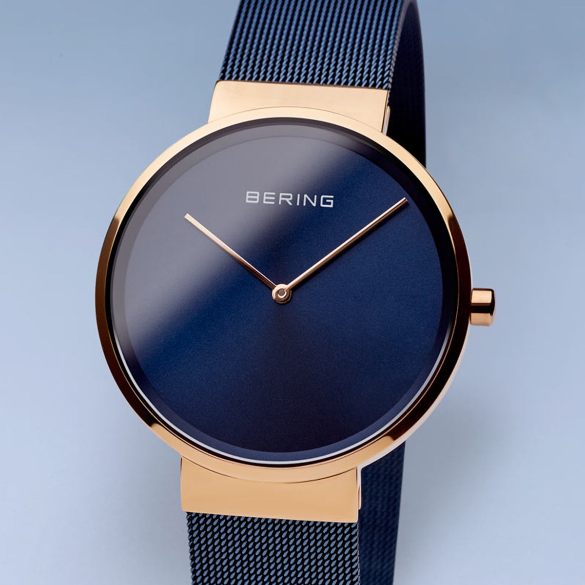 Bering Classic Polished Rose Gold 39mm Blue Mesh Watch