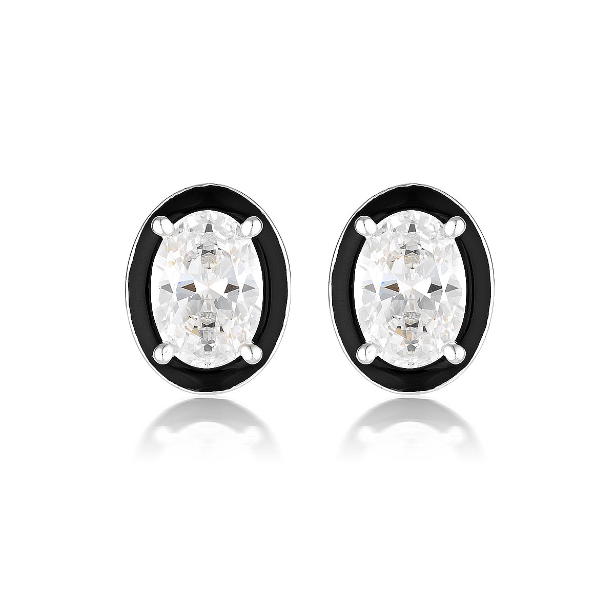 GEORGINI REFLECTION OVAL STUD EARRINGS SILVER & BLACK ENAMEL