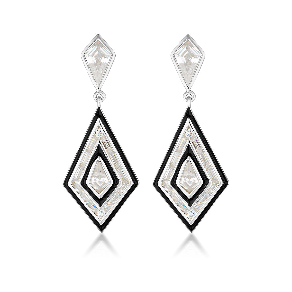 GEORGINI REFLECTION ART DECO EARRINGS SILVER & BLACK ENAMEL