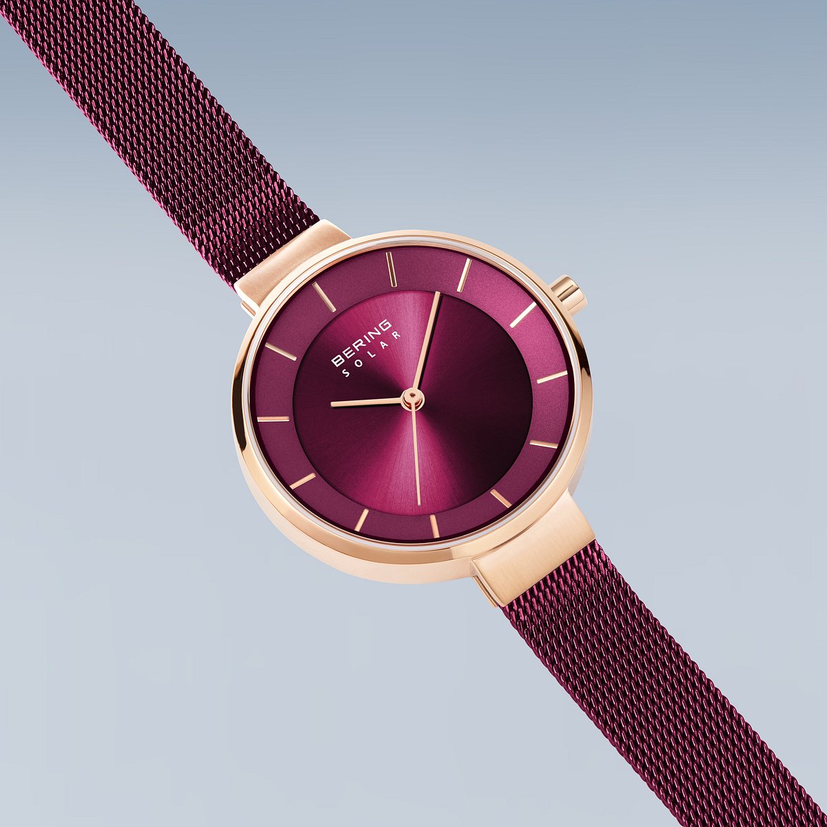 Bering Solar 31mm Rose Gold Purple Milanese Strap Watch